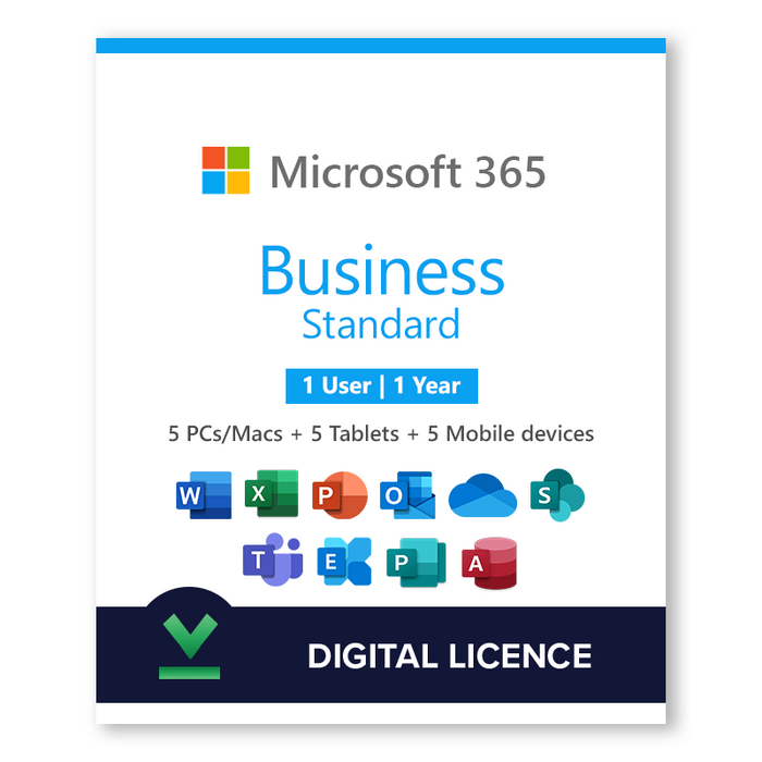Microsoft 365 Business Standard 1 gada | 1 Lietotājs (5 PC/Mac-5 Planšetdatori-5 Mobilās ierīces) - Digitālā licence