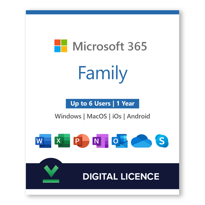 "Microsoft 365 Family" (PC/MAC/Tablet) 1 metų | 6 vartotojų skaitmeninė licencija