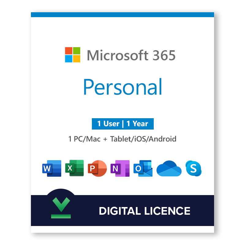 Buy Microsoft 365 Personal (PC/MAC/Tablet) - 1 Year, 1 User Digital Licence  —