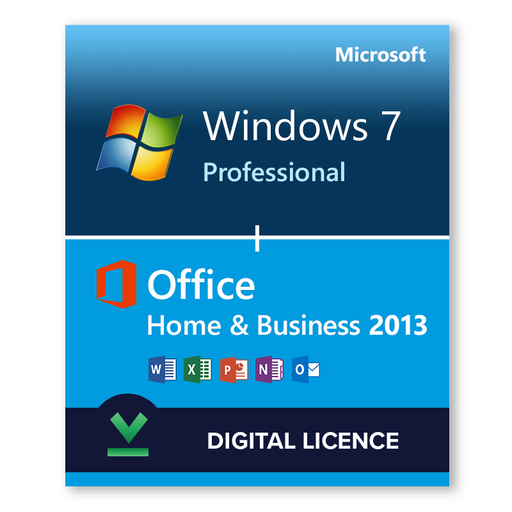Windows 7 Professional SP1 32bit and 64bit and Microsoft Office Home & Business 2013 bundle - download digital licence